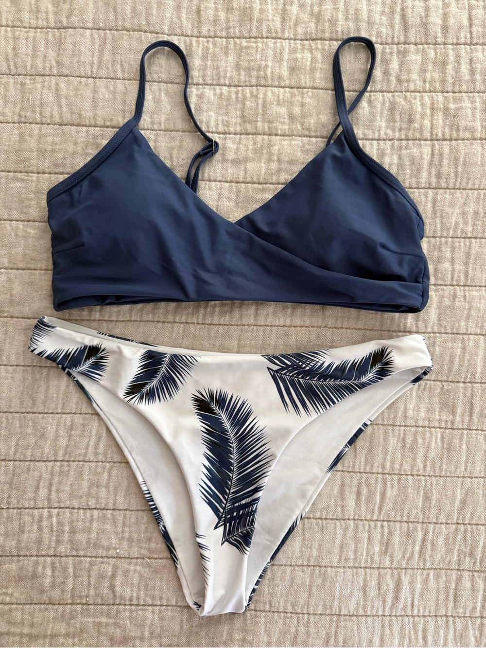 Pink Lily Navy Wrap Bikini Top with White Palm-Print Bottom